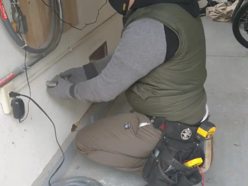 Electrician performing outlet wiring in a Del City garage